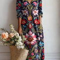 Women's Vintage Floral Art Print Casual Cotton Linen Pocket Dress