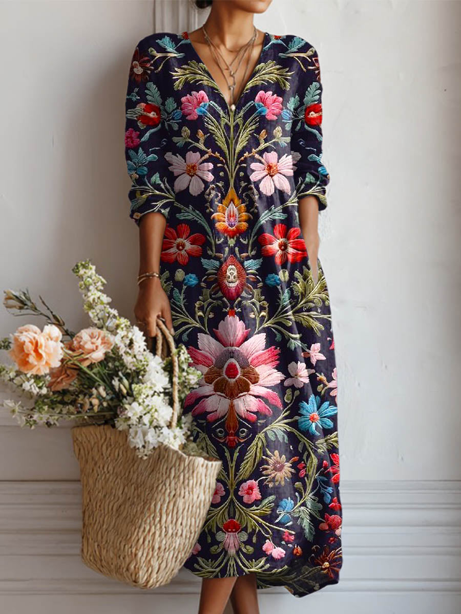 Women's Vintage Floral Art Print Casual Cotton Linen Pocket Dress