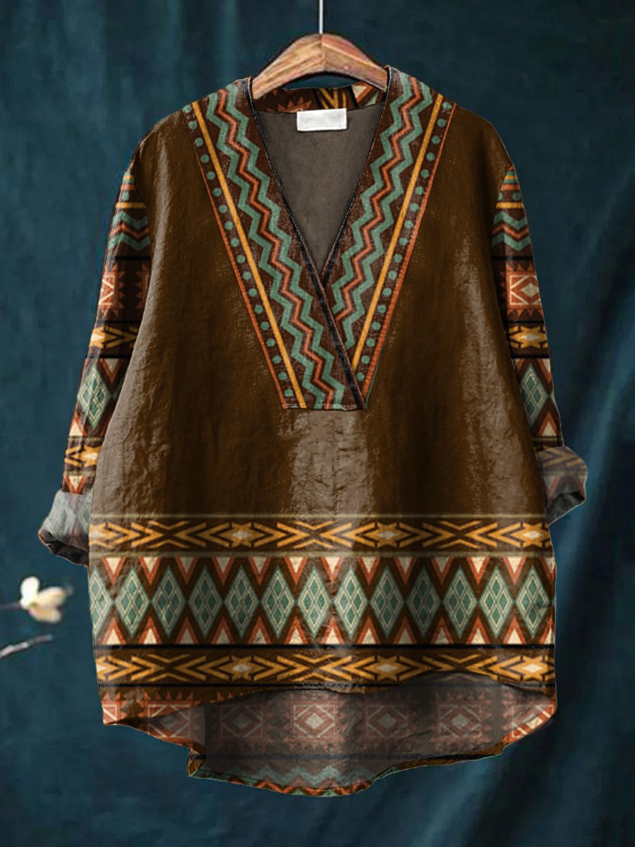 Women's Retro Ethnic Stripes Art Print Casual Cotton And Linen V-neck Shirt