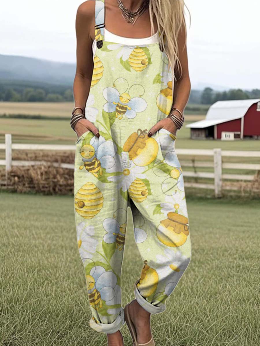 Women's Artistic Creative Bee Honey Print Casual 100% Cotton Wide Leg Jumpsuit