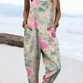 Women's Lovely Floral Art Print Casual 100% Cotton Wide Leg Jumpsuit