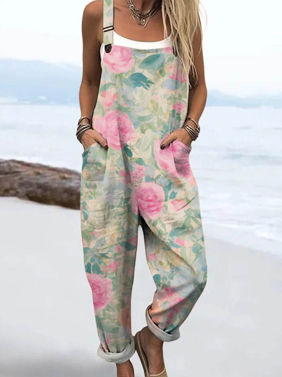 Women's Lovely Floral Art Print Casual 100% Cotton Wide Leg Jumpsuit