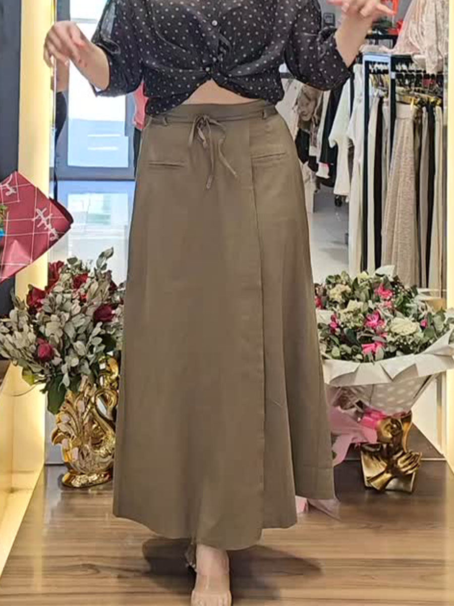 Women's  Half Elastic Waist Lace-up Casual Pocket Cotton and Linen Skirt