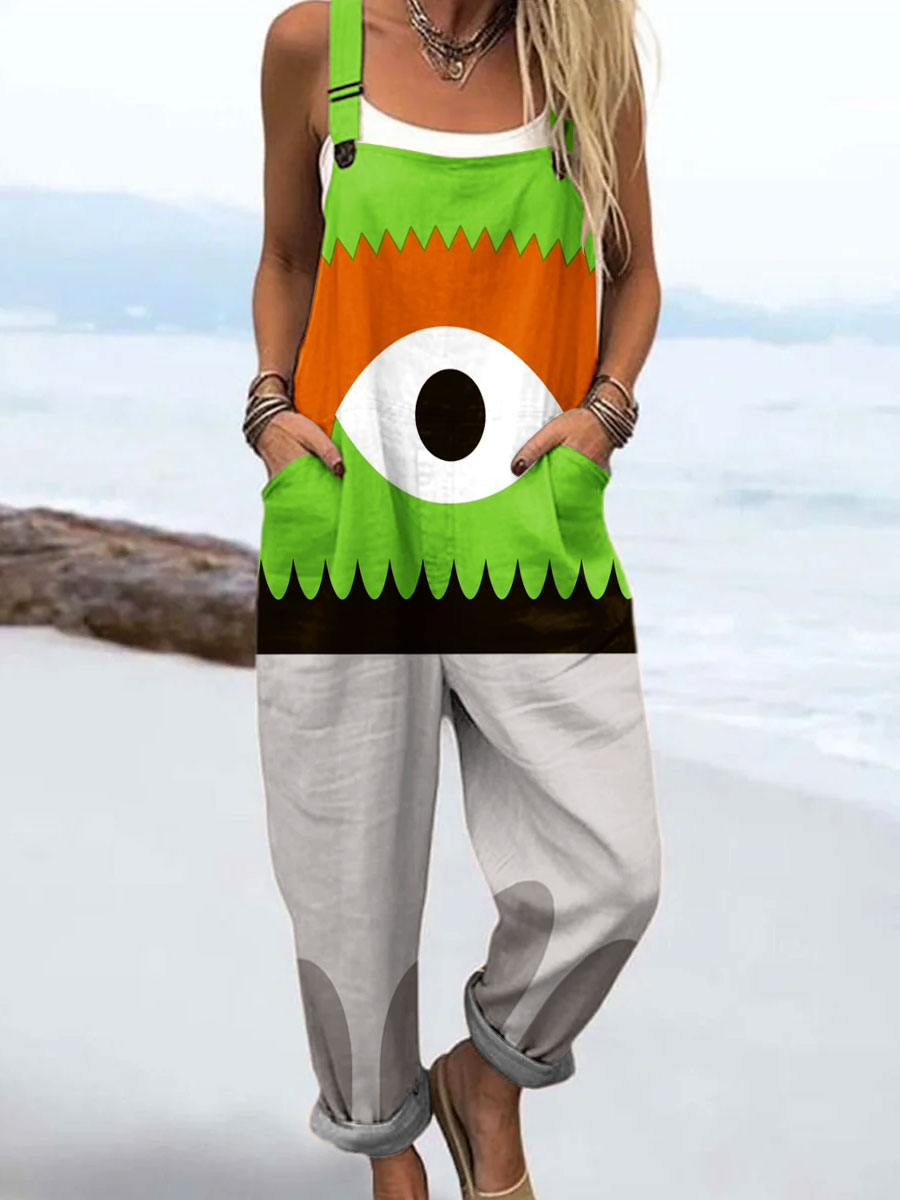 Women's Vintage Abstract Geometric Eye Art Print Casual 100% Cotton Wide Leg Jumpsuit