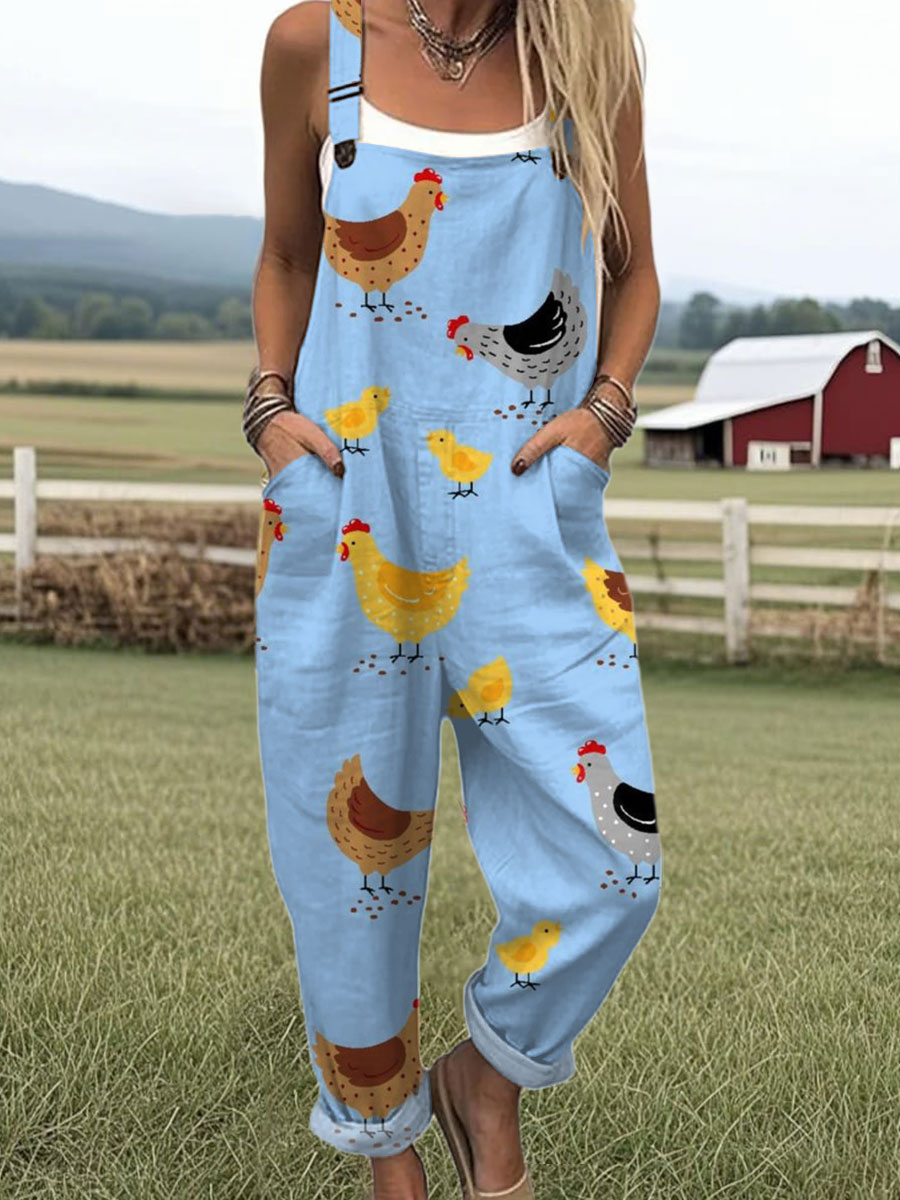 Women's  Funny Chicken Art Print Casual 100% Cotton Wide Leg Jumpsuit