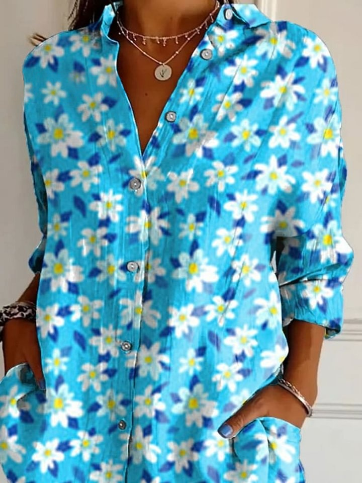 Women's Flower Art Print Casual Cotton Shirt