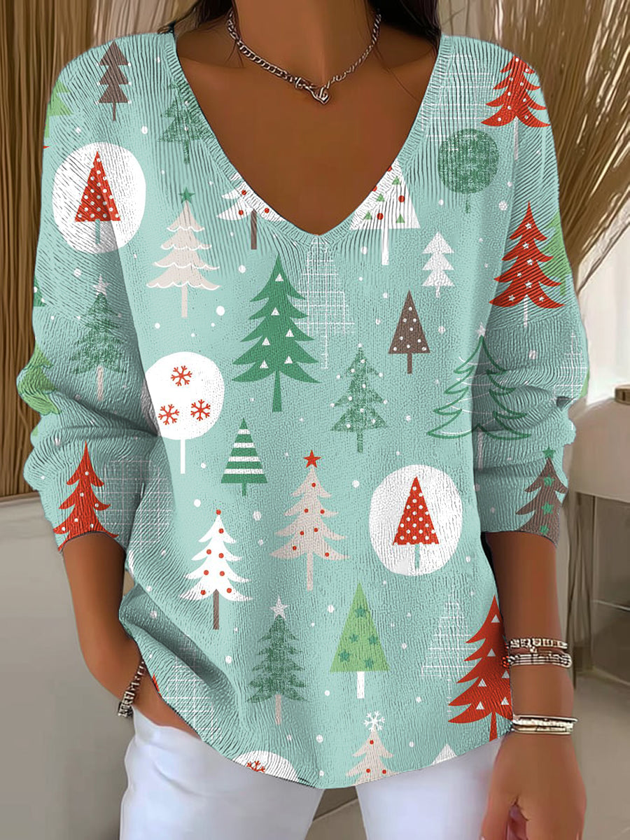 Women's Beautiful Cute Christmas Tree Drawing Art Print Casual Pullover Sweater