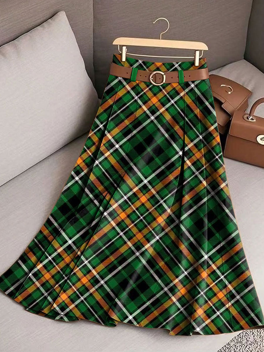 Women's Retro Lattice Pattern Casual Print Cotton Skirt