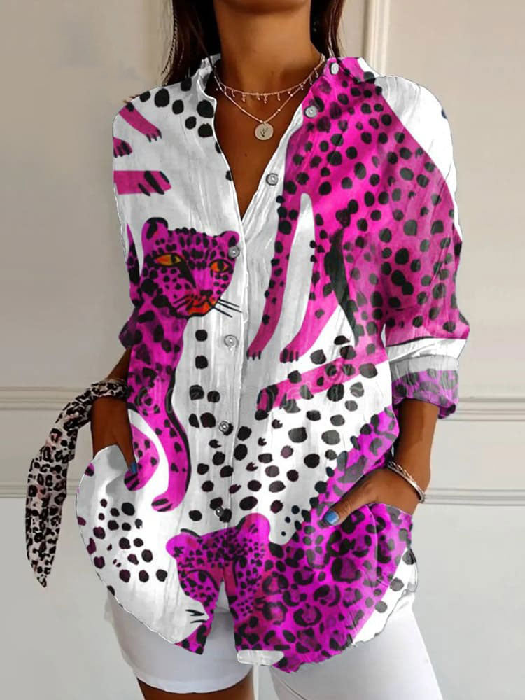 Women's   Leopard  Art Print Casual Cotton Shirt