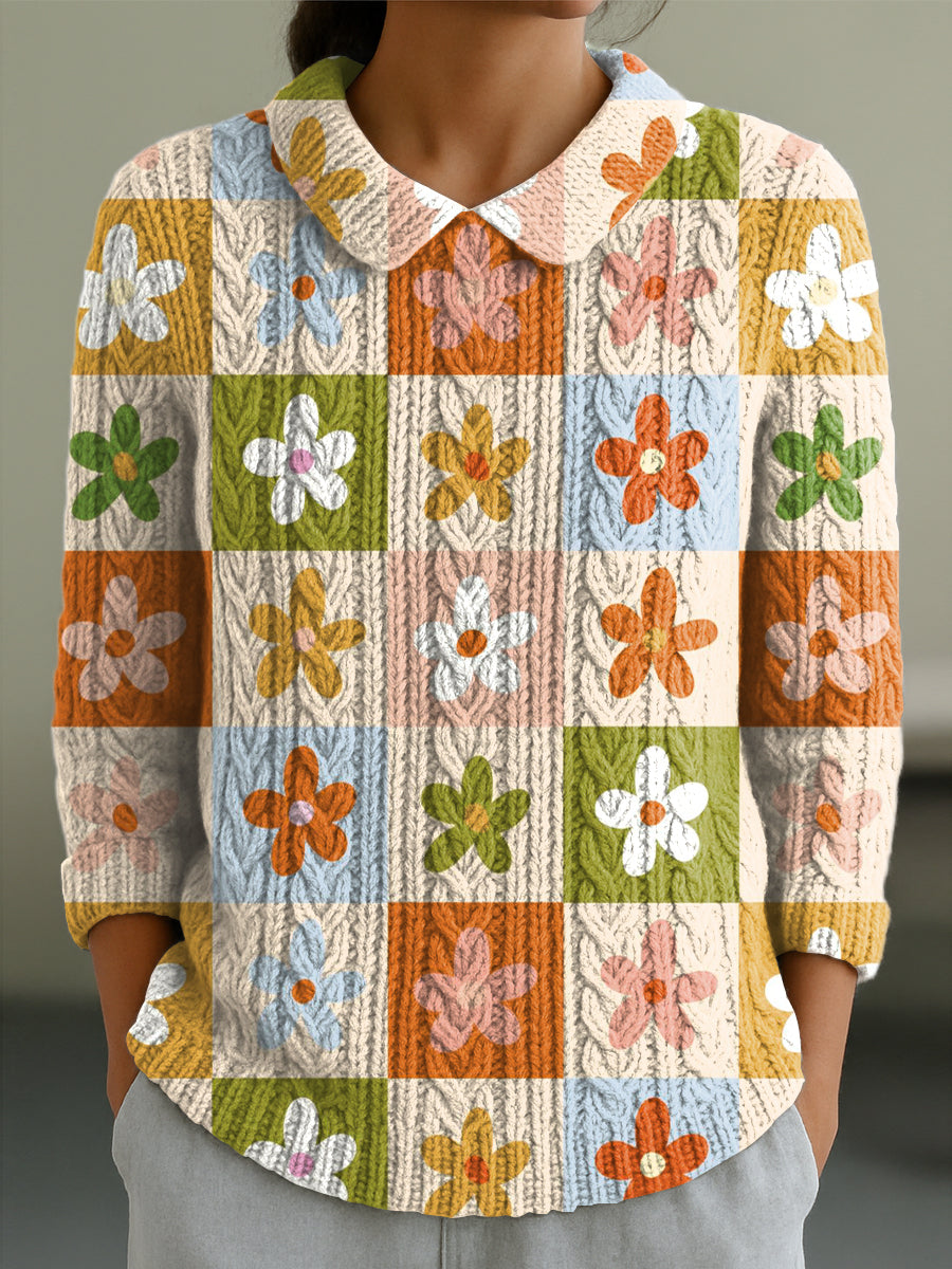 womens-cute-colorful-floral-plaid-painting-art-print-casual-peter-pan-collar-3-4-sleeve-sweater