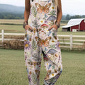 Women's Lovely Butterfly Art Print Casual 100% Cotton Wide Leg Jumpsuit
