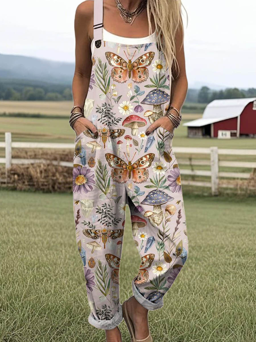 Women's Lovely Butterfly Art Print Casual 100% Cotton Wide Leg Jumpsuit
