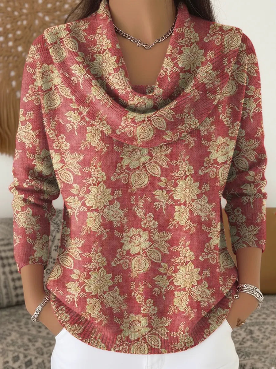 Women's Vintage Floral Pattern Art Print Cowl Neck Sweater