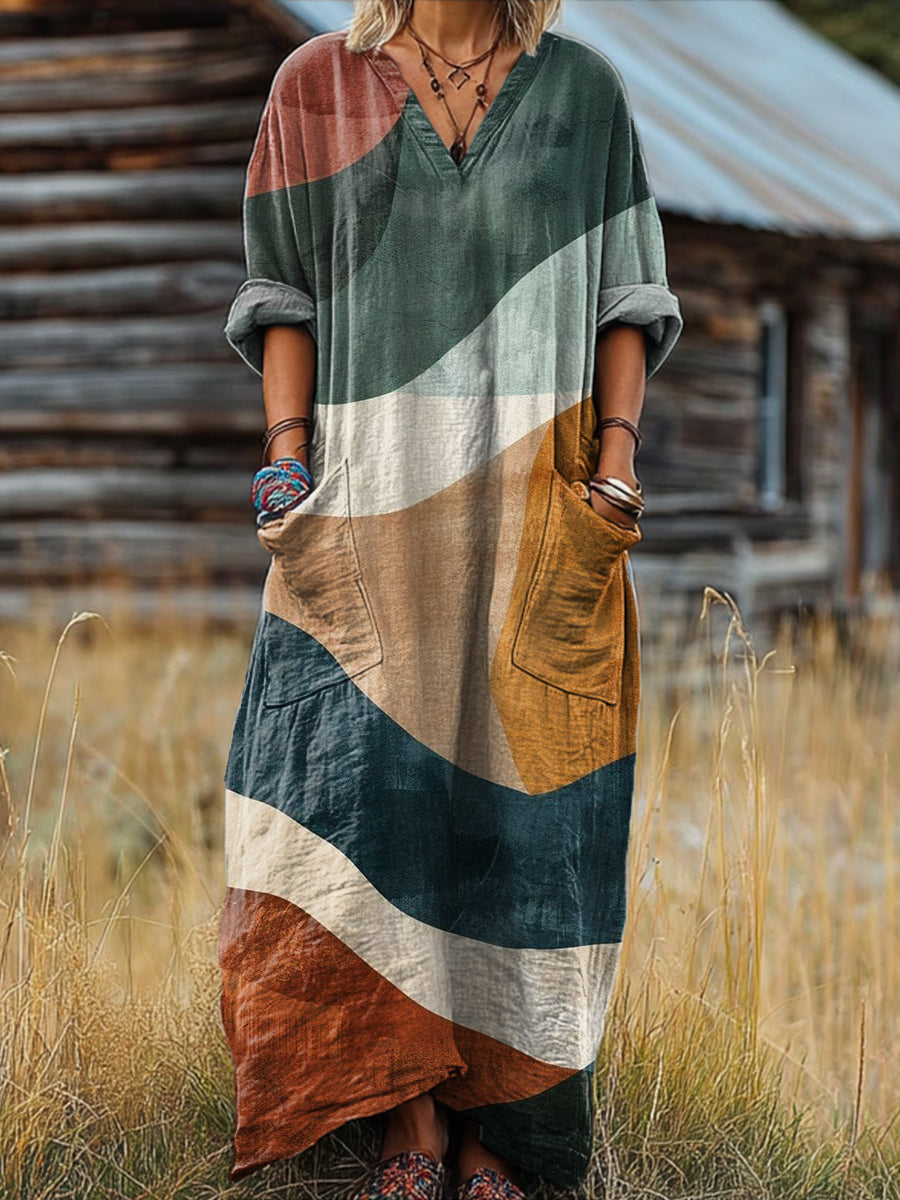 Women's Vintage Abstract Colorful Stripes Art Print Pocket V-neck Cotton Dress