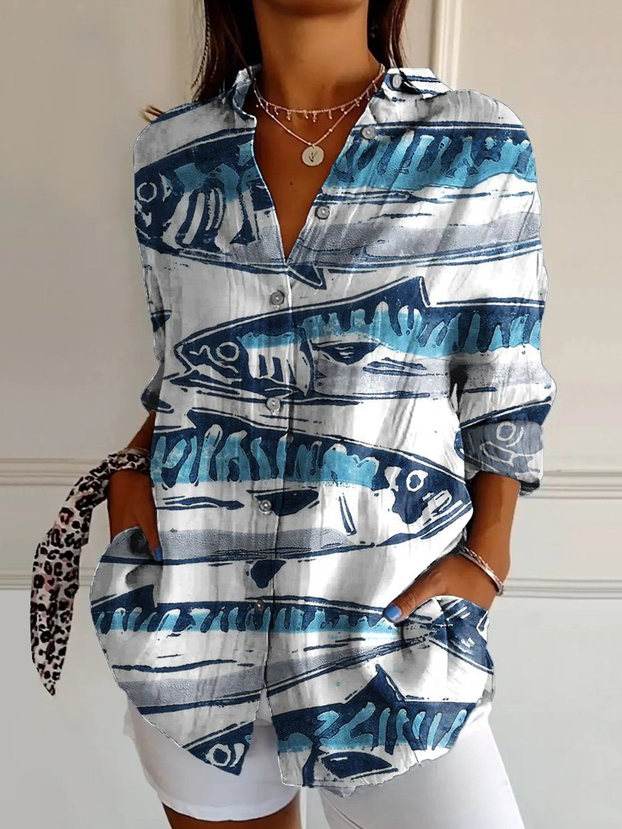 Women's Blue Sardines Print Casual Cotton Shirt