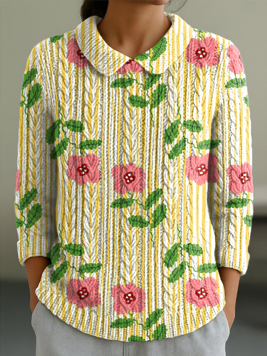 womens-flowers-painting-art-print-casual-peter-pan-collar-3-4-sleeve-sweater