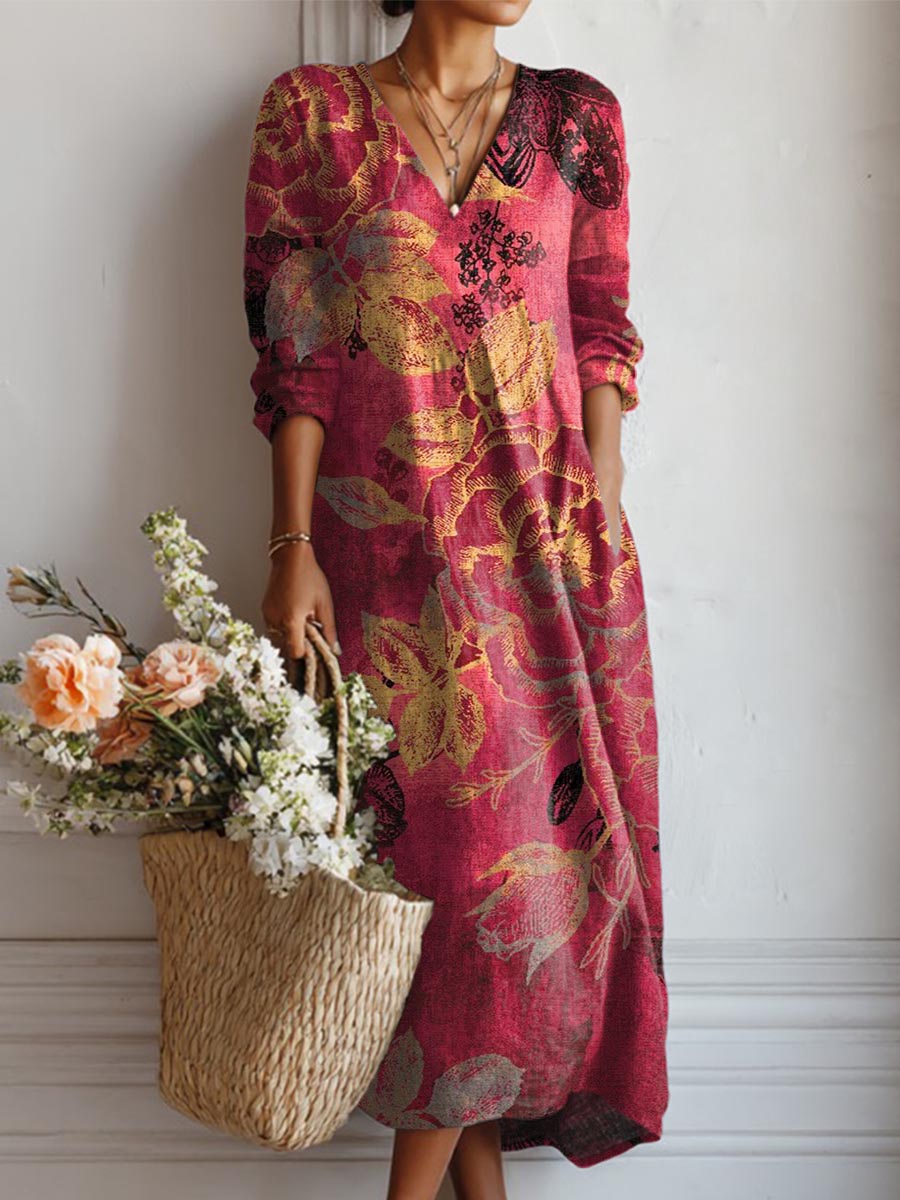 Women's Vintage Floral Art Print Casual Cotton Linen Pocket Dress