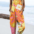 Art Creative Colourful Flowers Print Casual 100% Cotton Wide Leg Jumpsuit