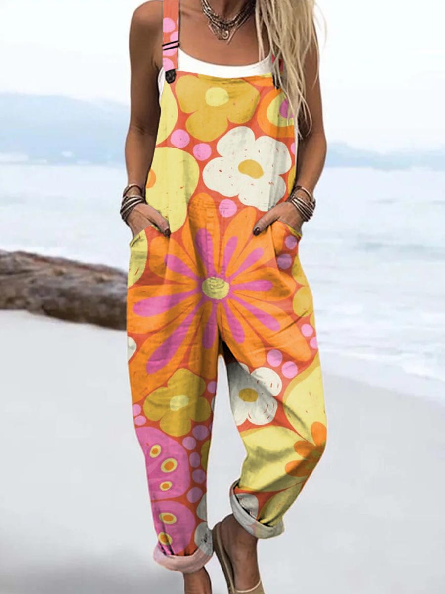 Art Creative Colourful Flowers Print Casual 100% Cotton Wide Leg Jumpsuit