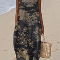 Women's Asian Art Print Sleeveless Linen Pocket Wrap Dress