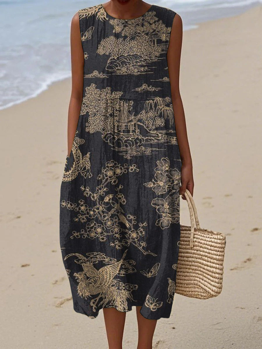 Women's Asian Art Print Sleeveless Linen Pocket Wrap Dress