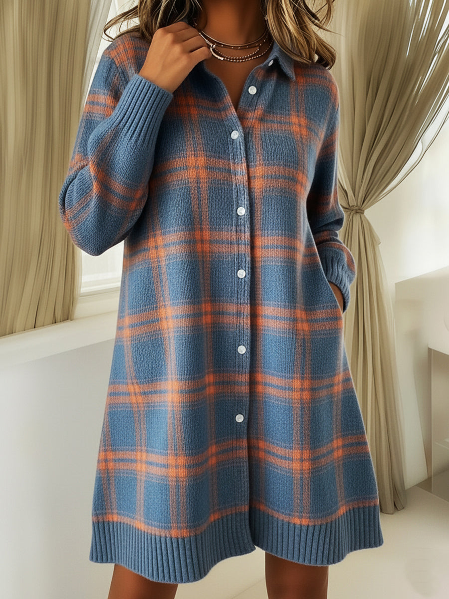 Retro Polo Collar Button-down Plaid Print A-line Knitted Dress