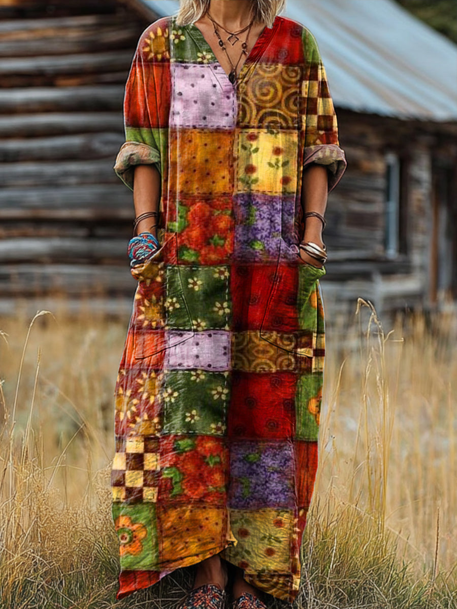 Women's Vintage Abstract Colorful Floral Plaid Painting Art Print Pocket V-neck Cotton Dress