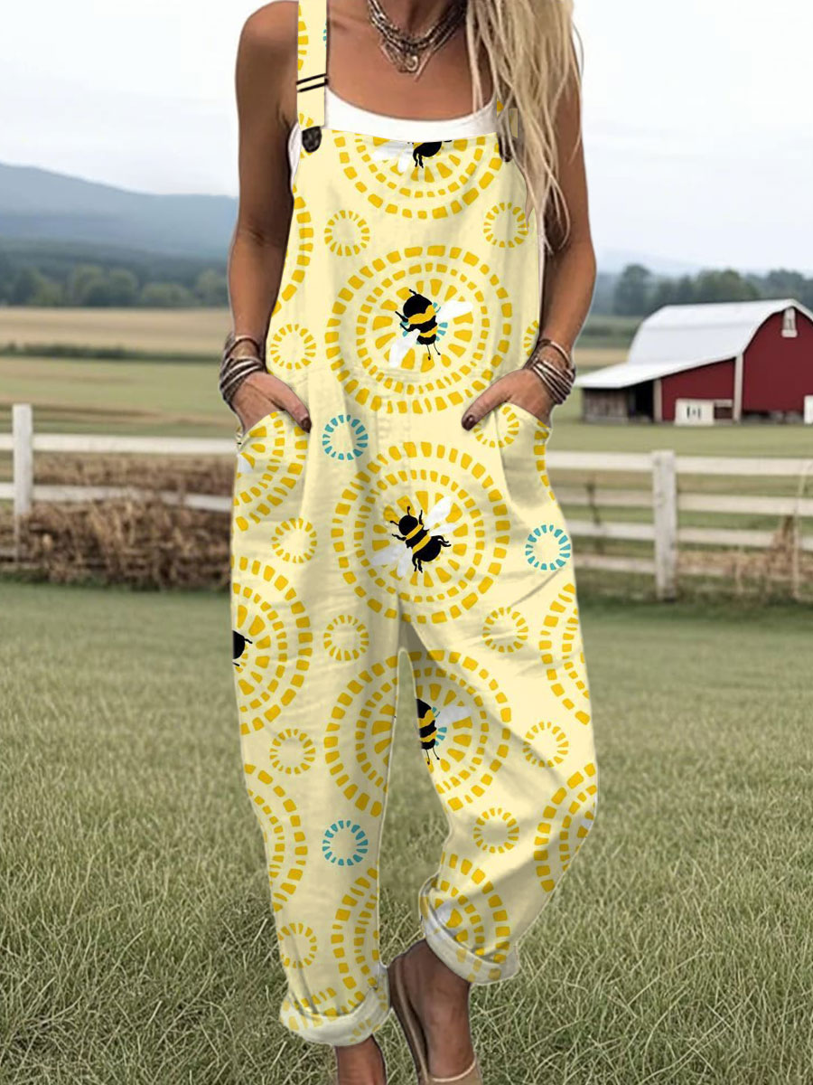 Women's  Bee Art Print Casual 100% Cotton Wide Leg Jumpsuit