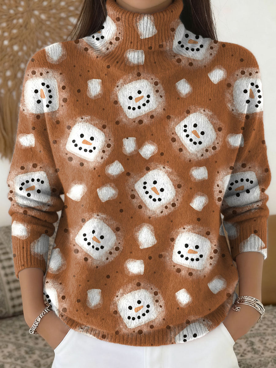 Women's Christmas Snowman Pattern Art Print Knit Turtleneck Pullover Sweater