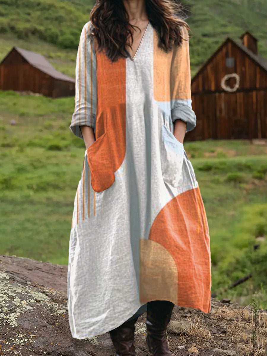 Women's Vintage Abstract Geometric Art Print Pocket V-neck Cotton Dress