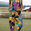 Women's Colorful Large Flower Painting Art Print Casual 100% Cotton Wide Leg Jumpsuit