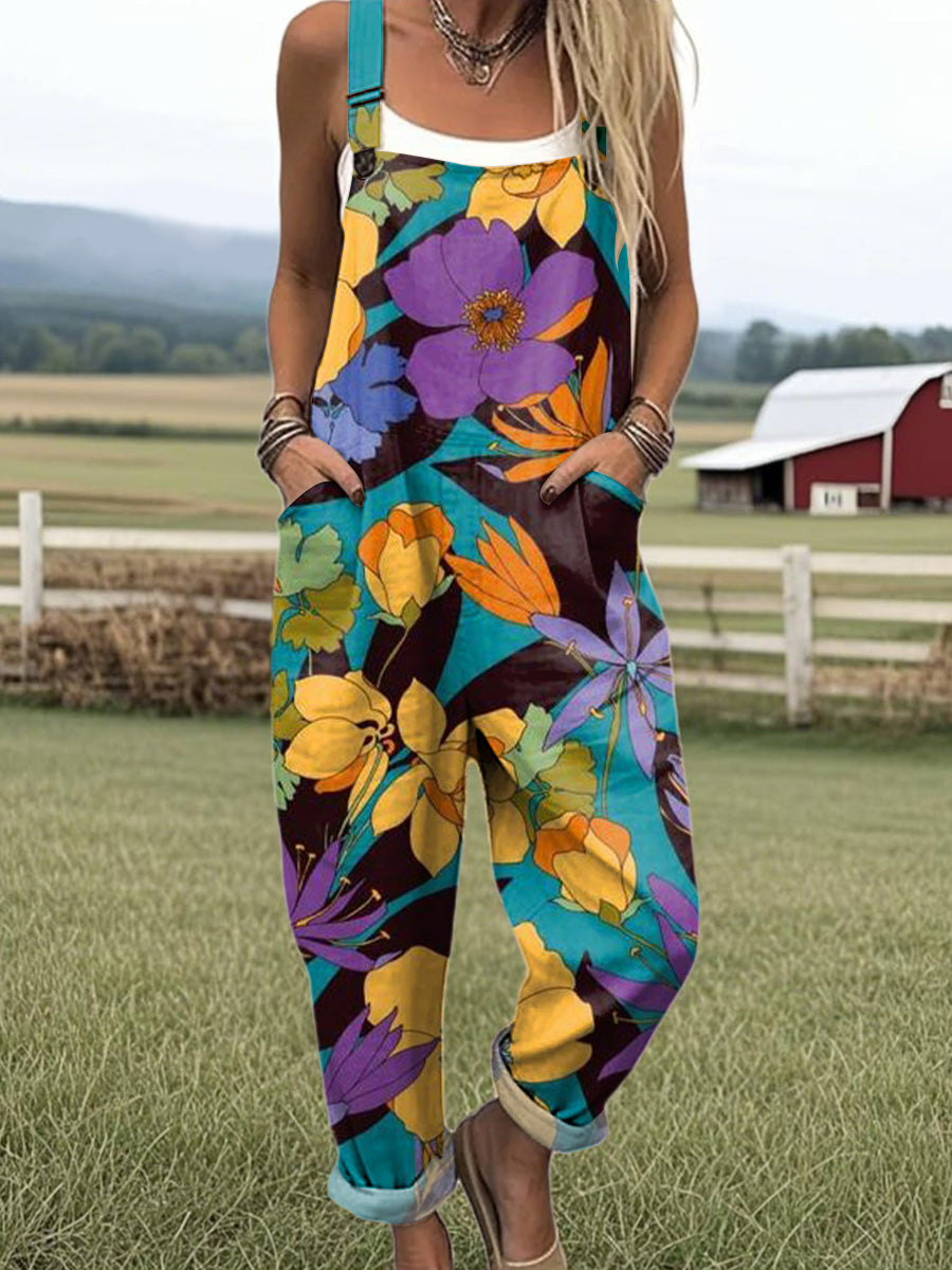 Women's Colorful Large Flower Painting Art Print Casual 100% Cotton Wide Leg Jumpsuit