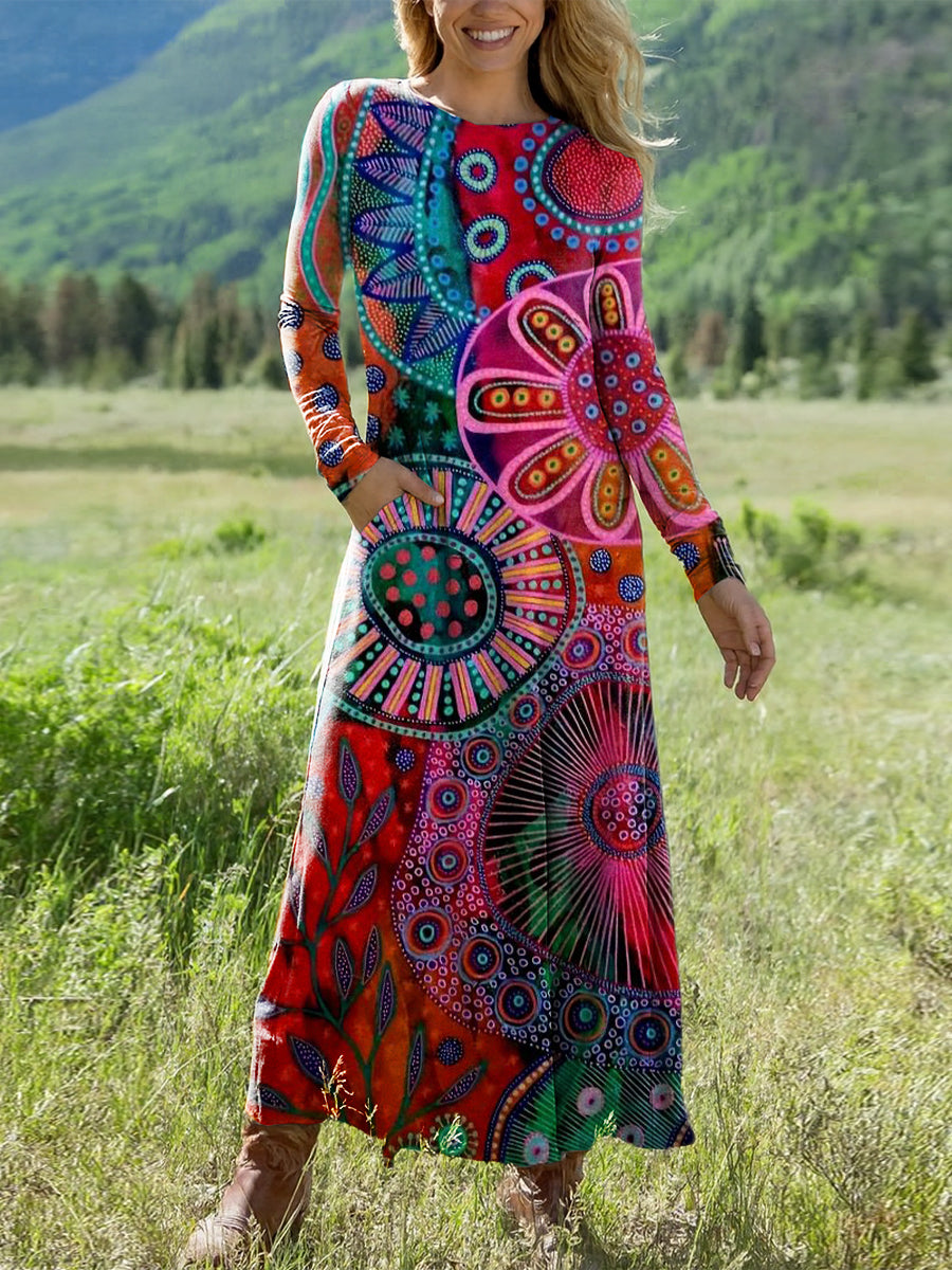 Women's Beautiful Colorful Abstract Floral Painting Art Print Long-sleeved V-neck Dress