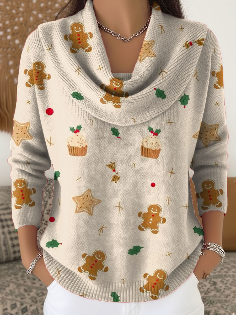Women's Christmas Gingerbread Pattern Art Print Cowl Neck Sweater