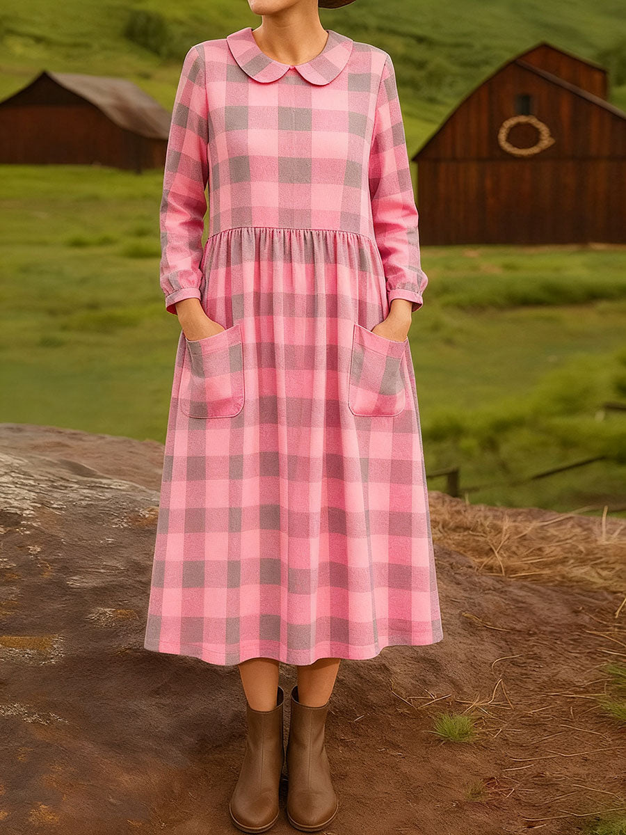 Women's Vintage  Plaid  Art Print Cotton Lapel Button-Down Shirt Dress