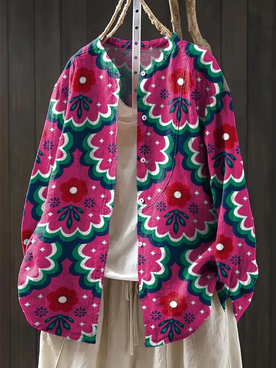 Women's Petal Type Print Casual Cotton And Linen Shirt