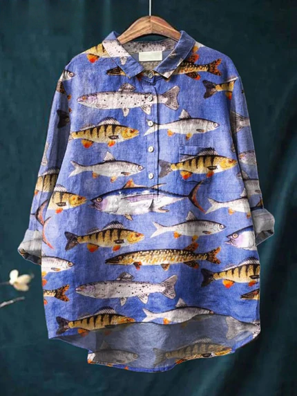 Chemise décontractée pour femme en coton et lin, imprimé poisson violet amusant 
