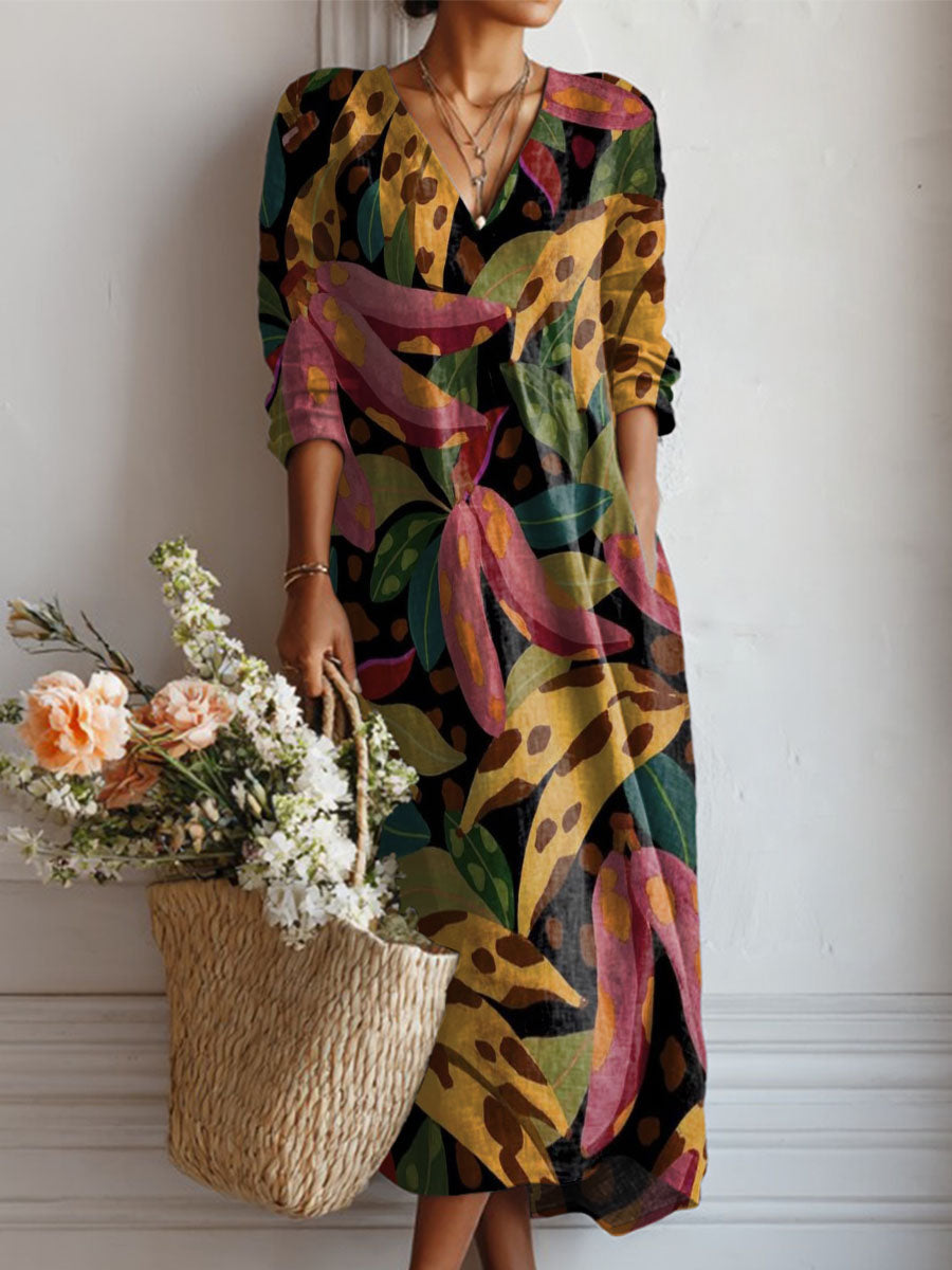 Women's Colorful Banana Print Linen Pocket Dress