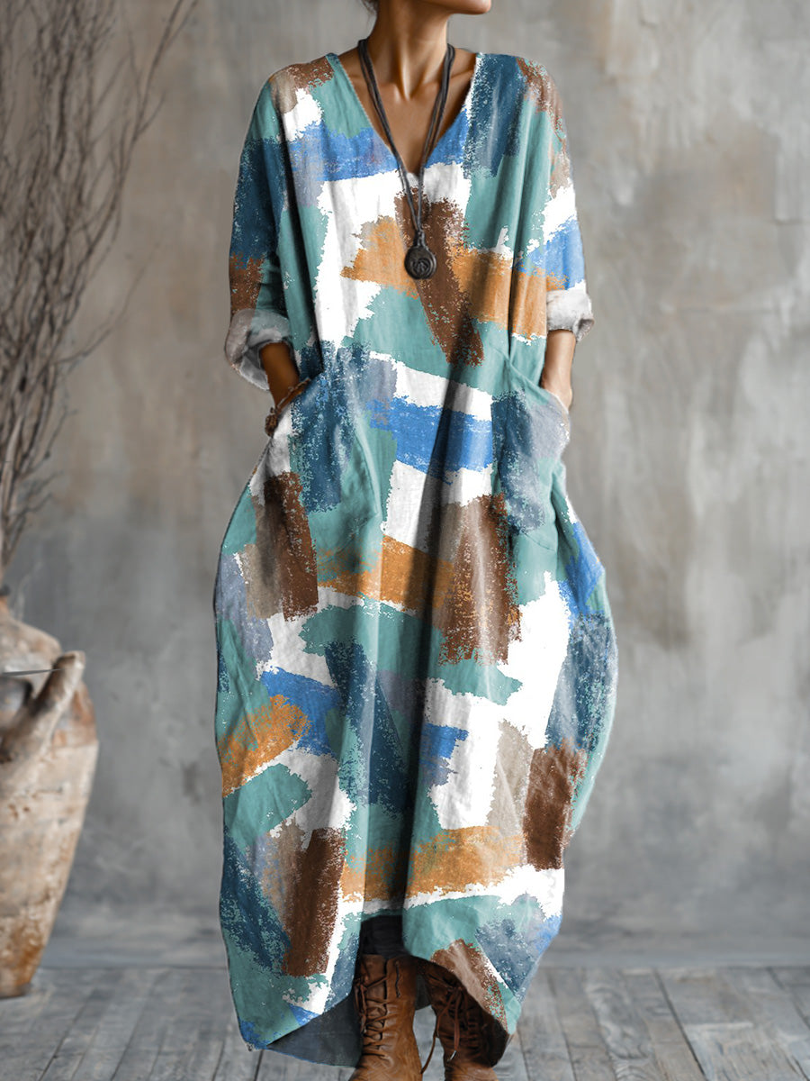 Women's Abstract Color Block Graffiti Painting Art Print Pocket V-neck Cotton Dress