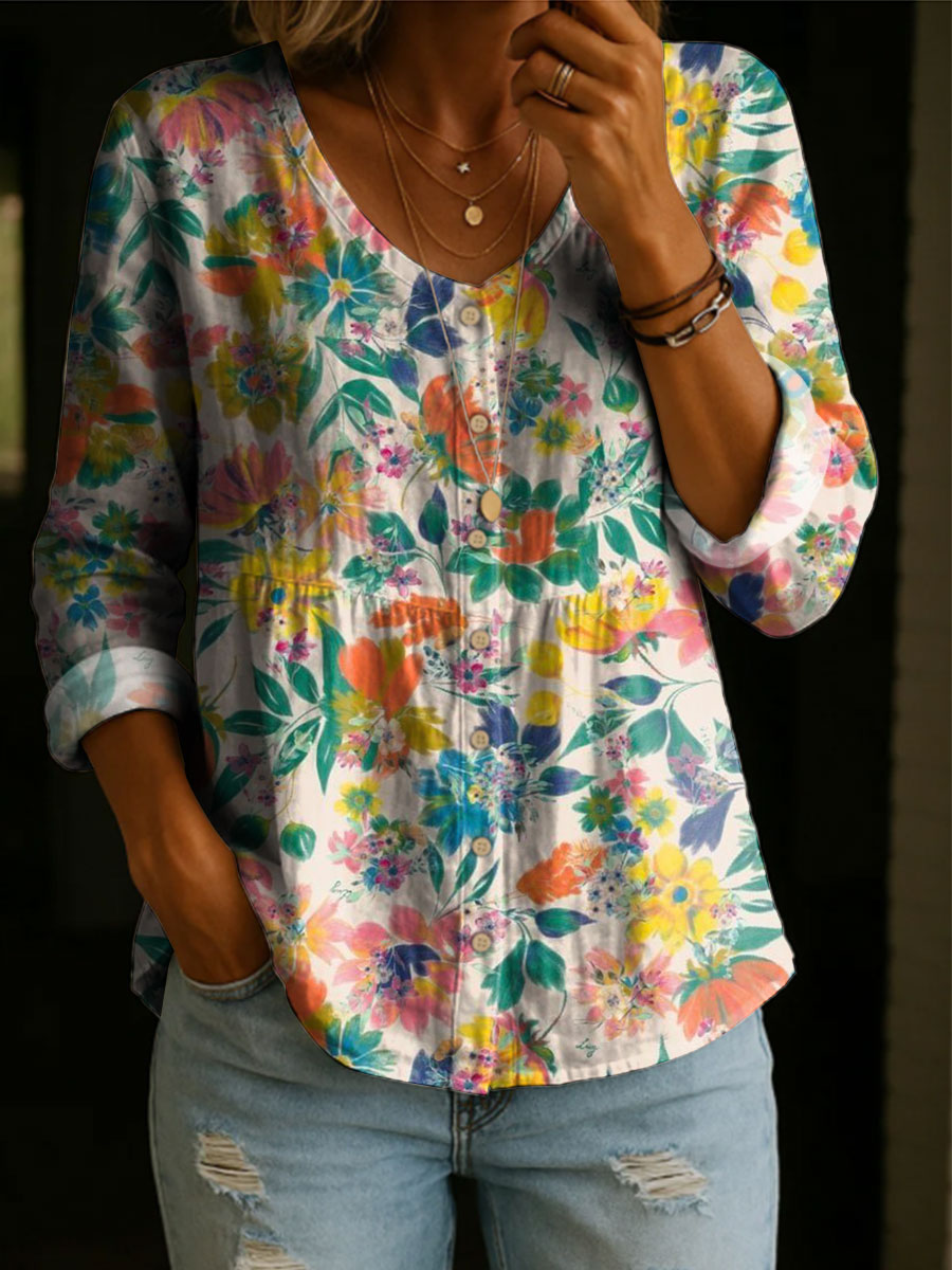 Women's Floral Pattern Art Print Casual Cotton Shirt