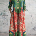 Women's Vintage Lovely Floral Pattern Art Print Cotton Linen Pocket Tunic Dress