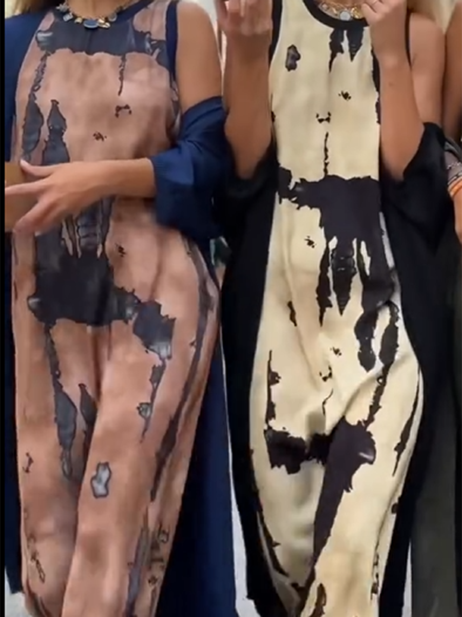 Artistic Watercolor Print Dress and Cardigan Two-piece Set