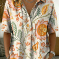 Women's Vintage Botanical Floral Casual Polo Collar Short-sleeved Linen And Cotton Shirt