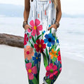 Women's Vintage Flower Art Print Casual 100% Cotton Wide Leg Jumpsuit
