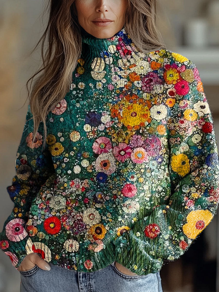 womens-vintage-art-oil-painting-flowers-print-knit-turtleneck-pullover-sweater