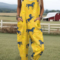 Women's  Funny  Farm Horse Flower Art Print Casual 100% Cotton Wide Leg Jumpsuit