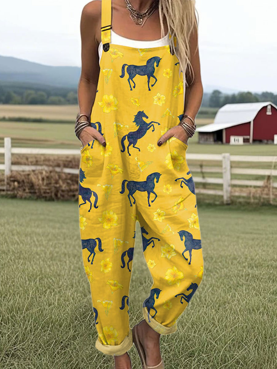 Women's  Funny  Farm Horse Flower Art Print Casual 100% Cotton Wide Leg Jumpsuit