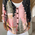 Pink Christmas Tree Print Buttoned V-neck Cardigan Sweater