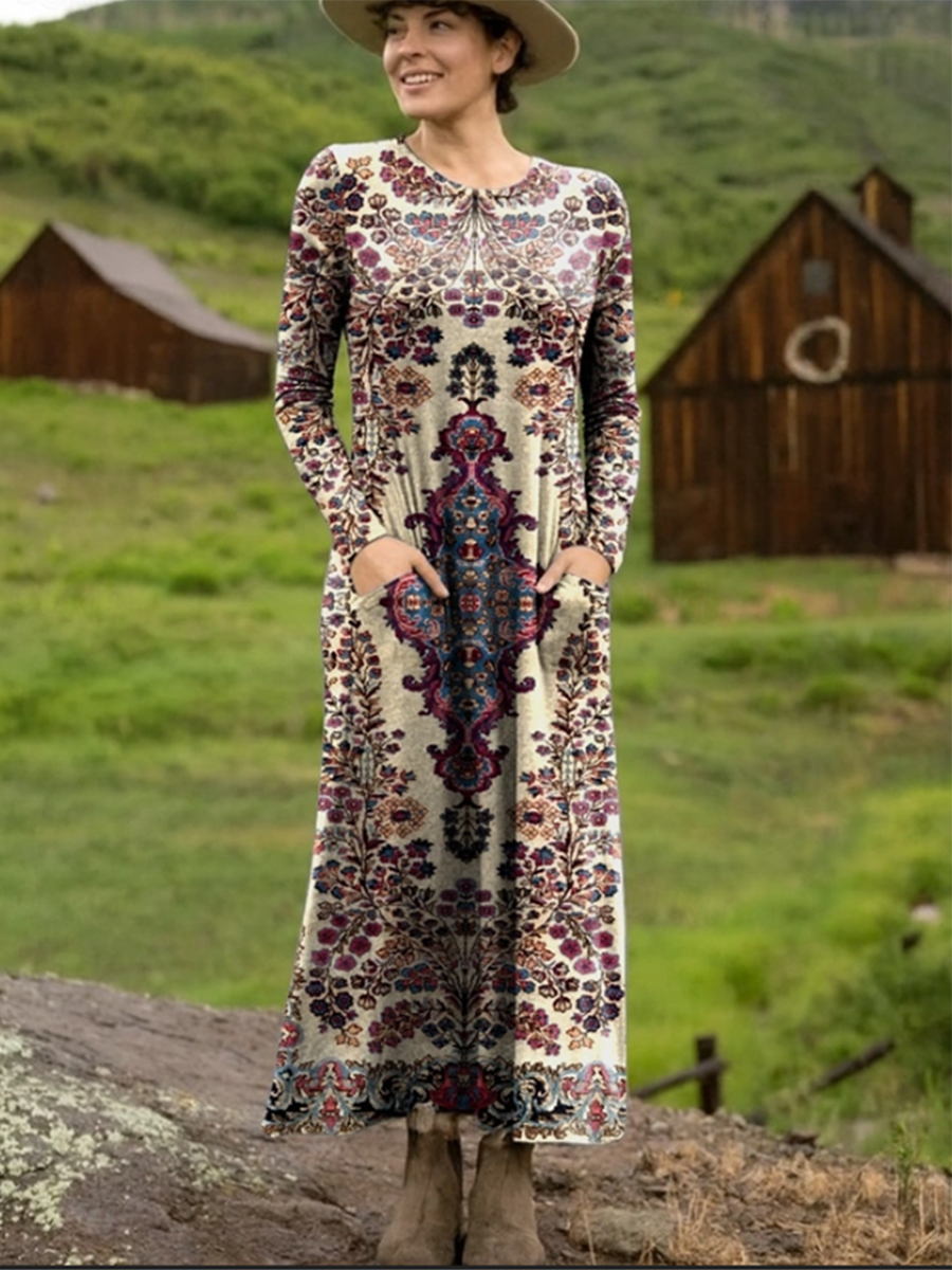 Autumn and Winter Retro Floral Print Stretch Dress