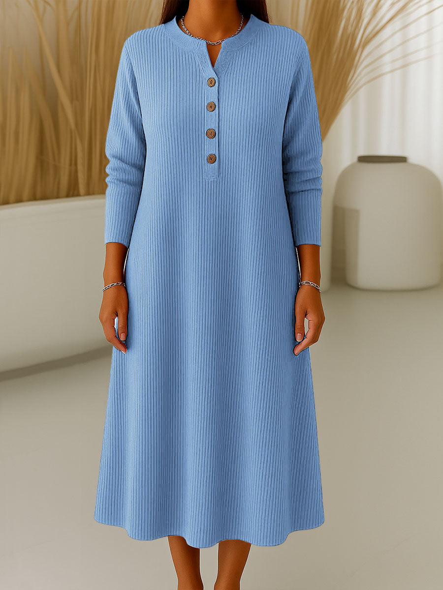 Women's Solid Color V-Neck Long Sleeve Casual Loose A-Line Knitted Dress